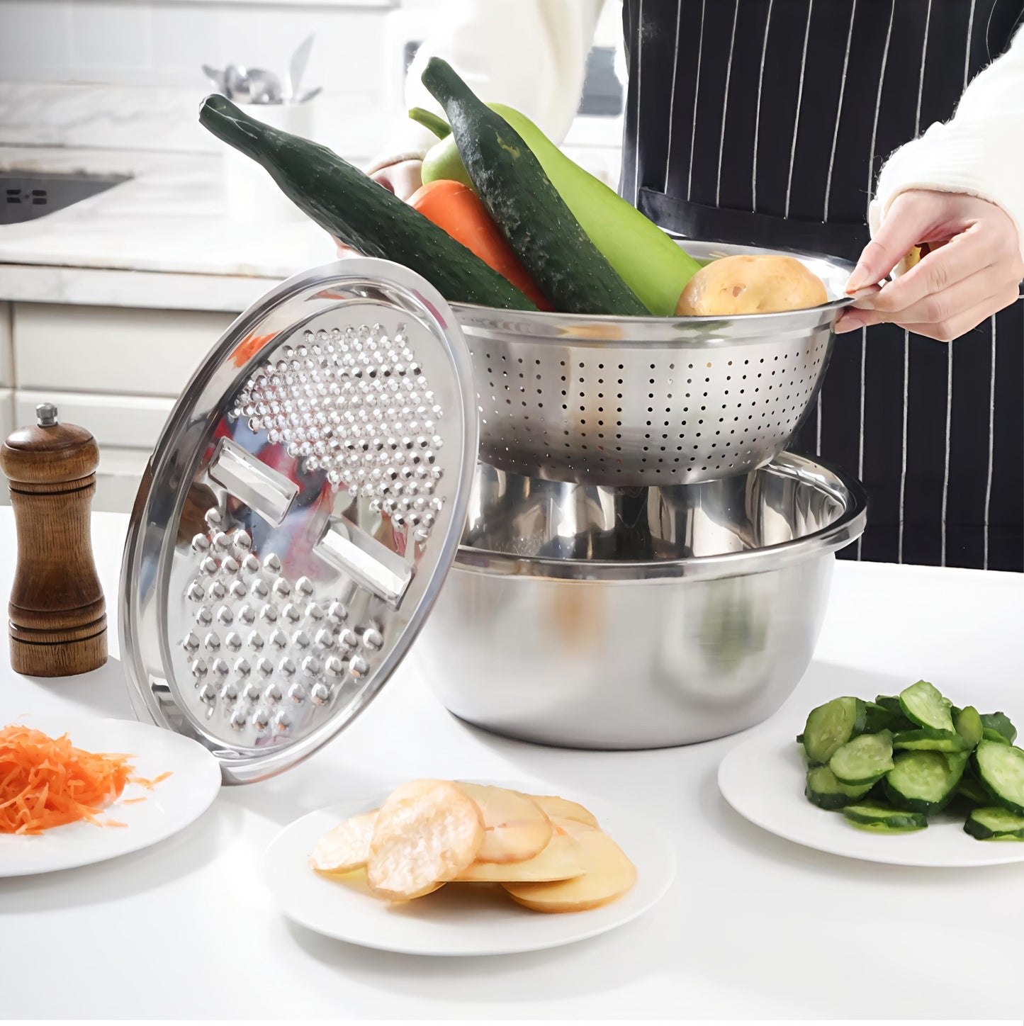 3 In 1 Multifunctional Stainless Steel Basin With Vegetable Cutter + Drain Basket