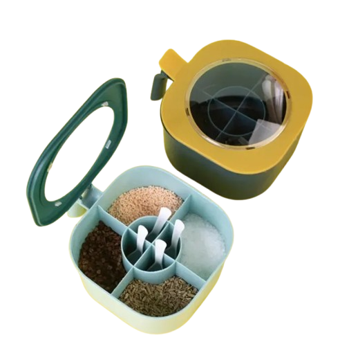 4 In 1 Seasoning Box with Spoon Spice 2pcs Jar Multi Compartment Salt Pepper Spice Jars Pots Kitchen Accessories Condiment Container