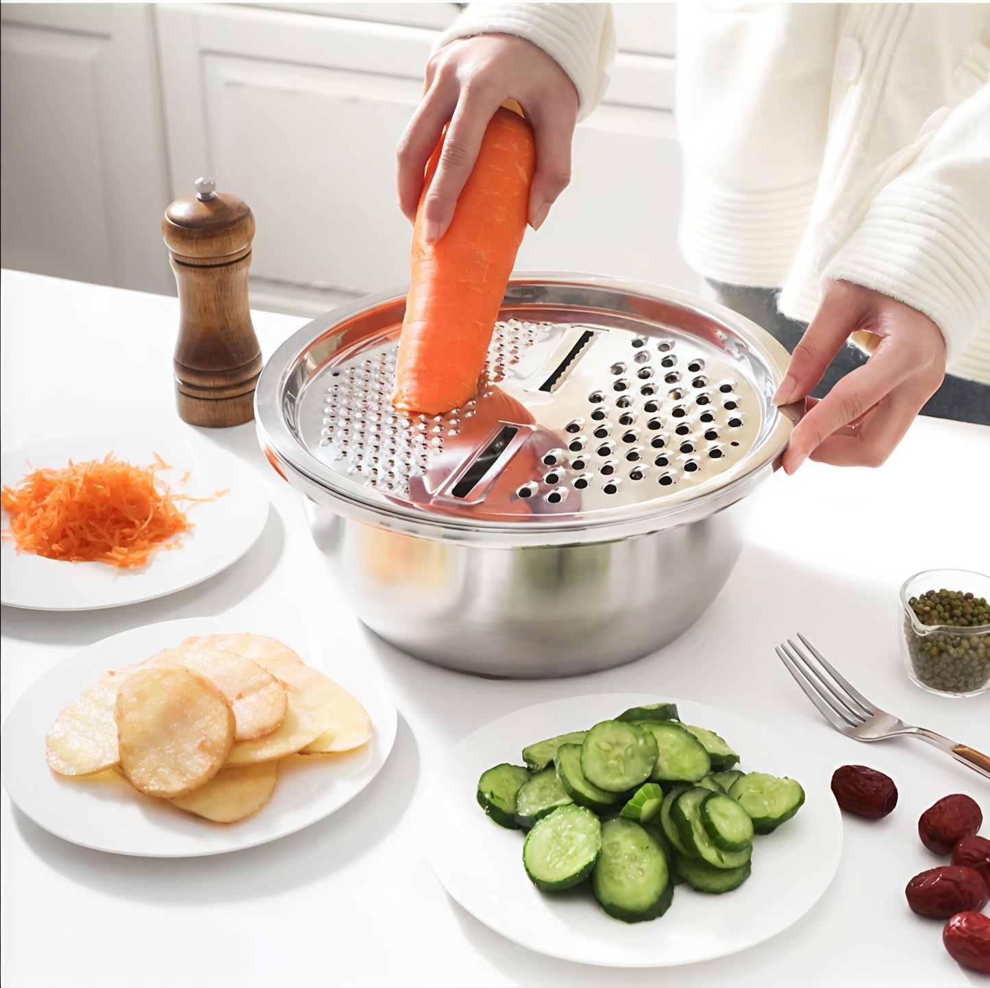 3 In 1 Multifunctional Stainless Steel Basin With Vegetable Cutter + Drain Basket