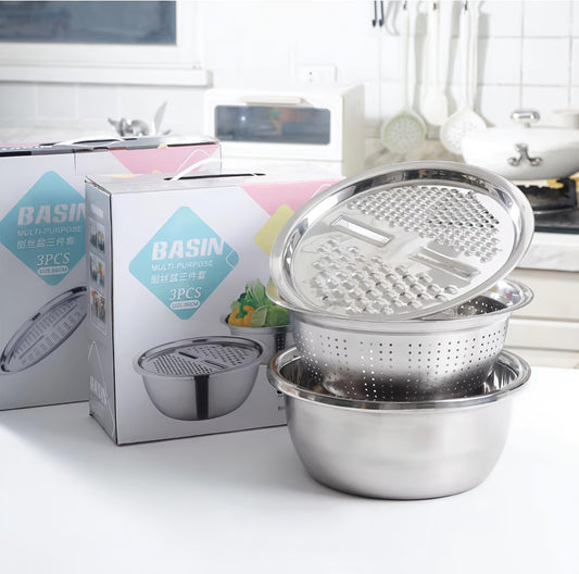 3 In 1 Multifunctional Stainless Steel Basin With Vegetable Cutter + Drain Basket
