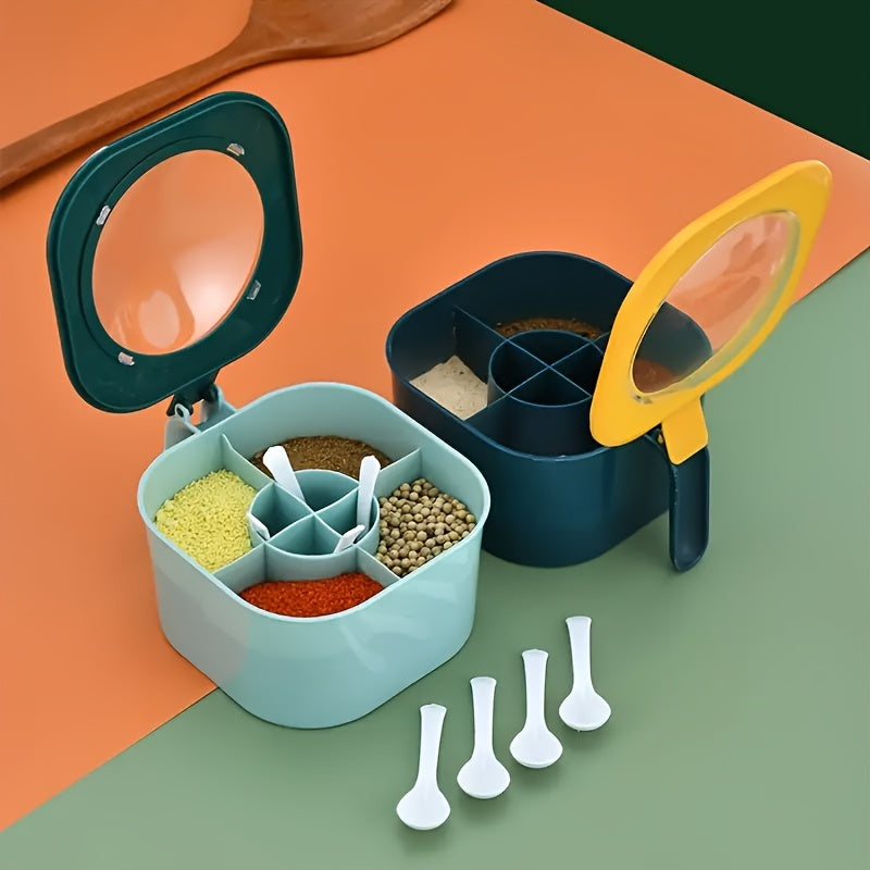 2 পিস চামচ মশলা জার মাল্টি কম্পার্টমেন্ট লবণ মরিচ মশলা জার পাত্র রান্নাঘরের আনুষাঙ্গিক মশলা পাত্রে 4 ইন 1 সিজনিং বক্স